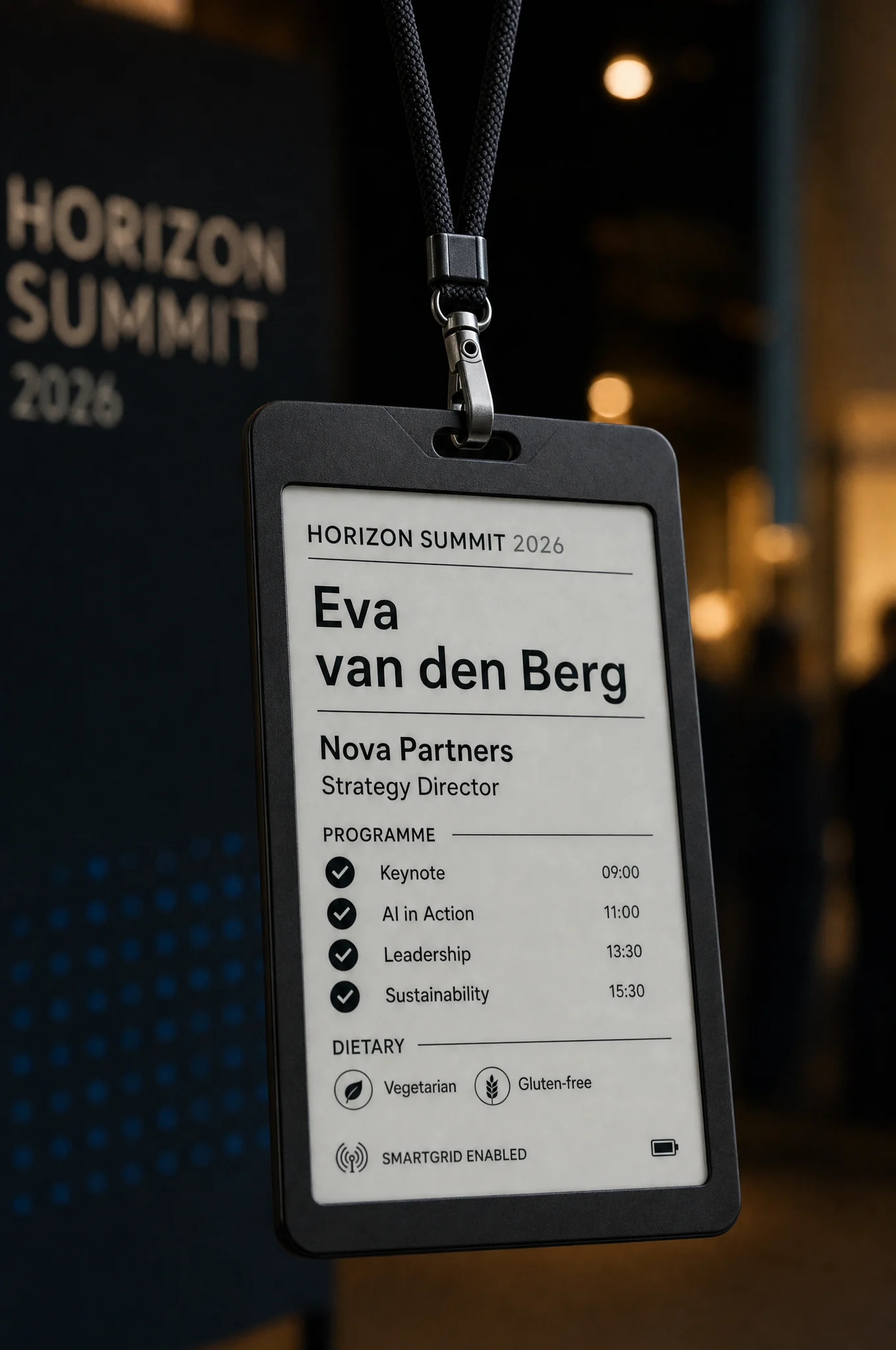 Visual impression of the SmartBadge: a matte black event name badge with an e-ink display and a braided lanyard, resting on dark stone.